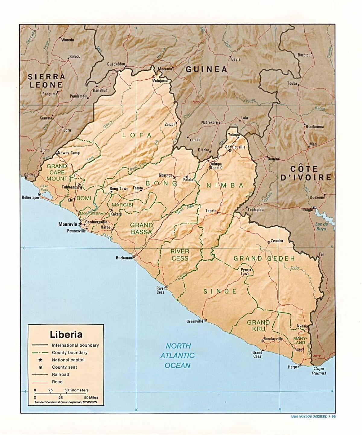 आकर्षित राहत का नक्शा लाइबेरिया