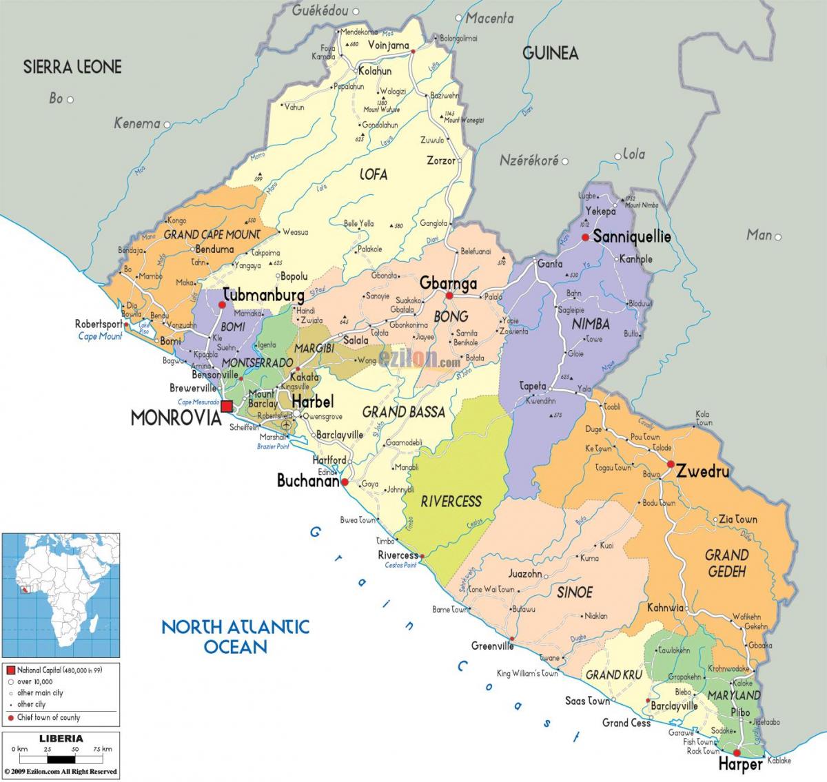 लाइबेरिया देश का नक्शा